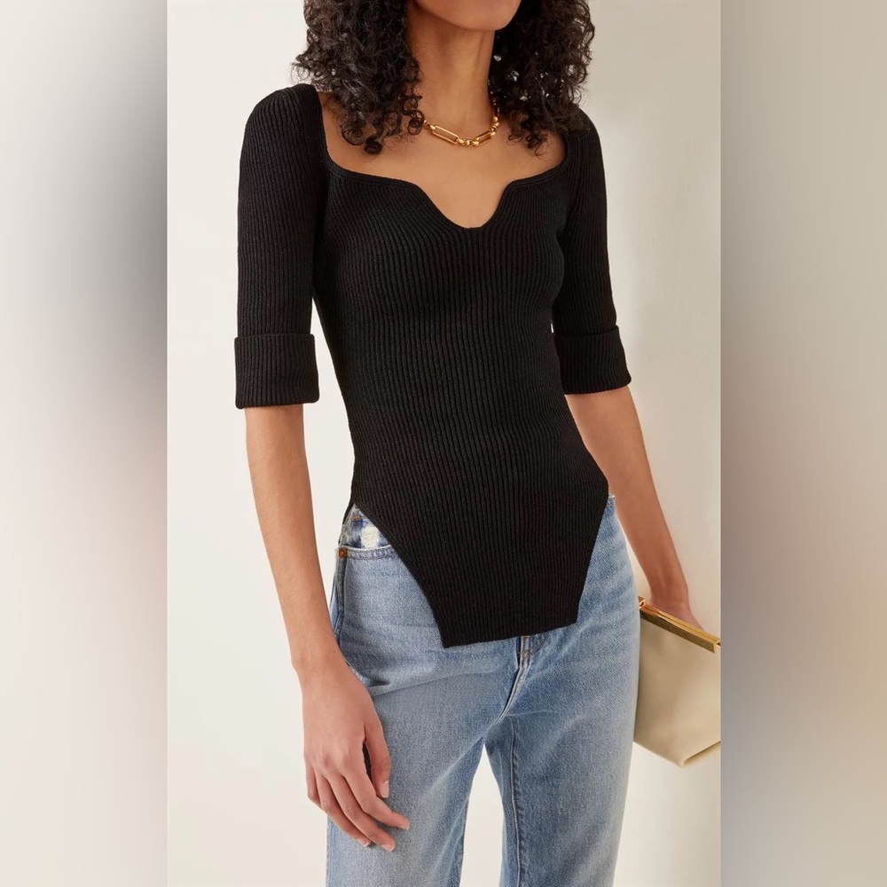 KHAITE Irina Ribbed Knit Top in Black | Size M